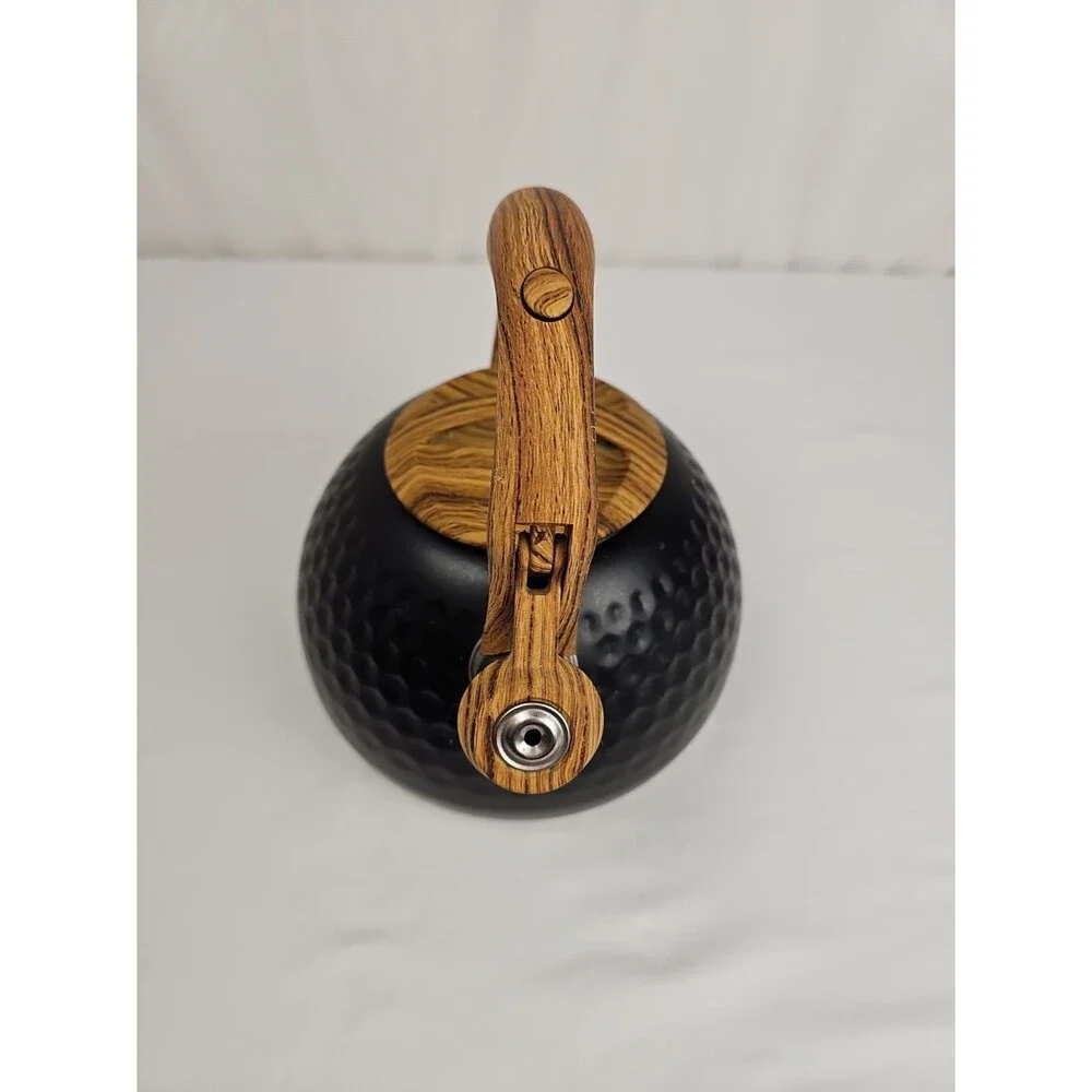 Black Whistling Tea Kettle Wood Grain Handle Honeycomb Stovetop Teapot